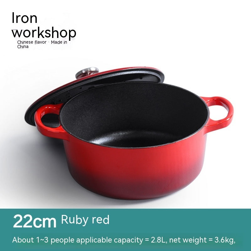 Iron Workshop Enamel Soup Pot Thickened Cast Pot قدر حديد مصبوب عالي الكثافة، بطبقة مينا داخلية وخارجية